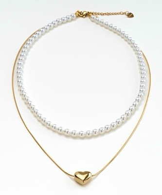 JIMOR Style Golden Heart & Pearl Duo Necklace For Girls & Women Gold-plated Pearl Stainless Steel, Mother of Pearl Pendant Set