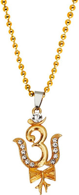 M Men Style Religious Lord Om Damru Locket With Ball Chain For Men Gold-plated Cubic Zirconia Brass, Crystal Pendant