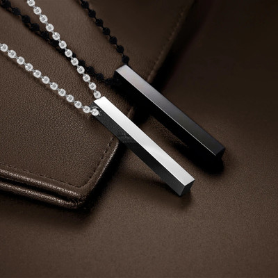 Trinkets Black-Silver 3D Vertical Bar pendant Locket for boys Rhodium Stainless Steel