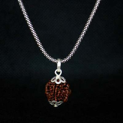 Fine Creation 4 Mukhi Rudraksha Four Faced Charr Nepali Rudraksh Bead Original and Certified Silver Wood Pendant