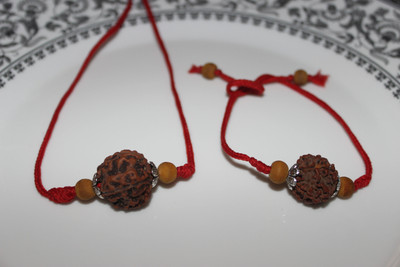 Lucky Rudraksha Original 5 Face Rudraksha Bracelet + Pendant with Haldi Beads on Red Thread Wood Pendant