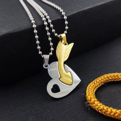 Saizen Love You With Hearth & Cupid's Arrow Valentine Special Pendant With Chain Stainless Steel Pendant For Couple Rhodium, Gold-plated Stainless Steel Pendant