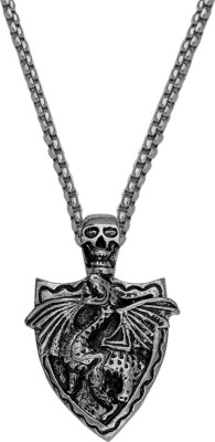 M Men Style Biker jewellery viking Gothic Skull Head With Dragon Shield Pendant Chain Rhodium Stainless Steel, Metal Pendant