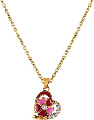 mahi Pink and Maroon Meenakari Work and Crystals Floral Heart Necklace Pendant Gold-plated Crystal Alloy Pendant