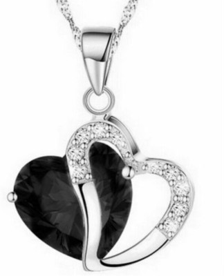 RVM Jewels Heart Shape Pendant Love with Black Crystals Silver Necklace Jewellery for Women Silver Alloy