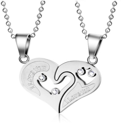 house of common Silver-Silver Broken Two Half Heart Shape Love Pendant Locket Necklace Chain Titanium Cubic Zirconia Stainless Steel Pendant