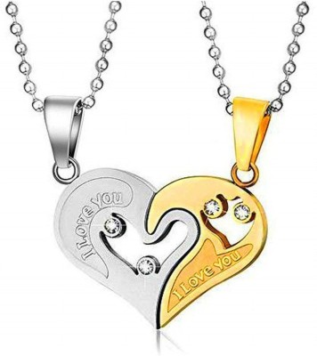 JS Enterprises Love Heart I Love You Puzzle Matching Couple Pendant Necklace for Girls Boys Rhodium Stainless Steel