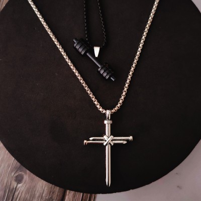 M Men Style Christ Cross Weightlifting Fitness Sports dumbbell Stainless Steel Pendant Titanium Stainless Steel Pendant Set