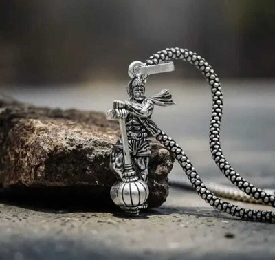 Alviira Silver Plated Hanuman Ji Pendant with Gada & Stainless Steel Chain Silver Stainless Steel Pendant