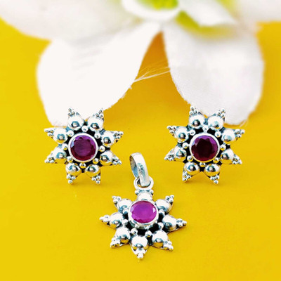 jsaj Sterling Silver Ruby Sterling Silver Pendant Set