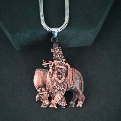 Sullery Lord Krishna with Cow Idol Snake Chain Rhodium Metal Pendant