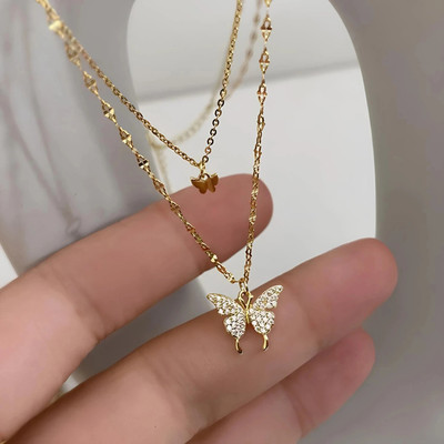 CARIA JEWELLERY COLLECTION Necklaces Pendant Gold Plated Shiny Butterfly Necklace Double Layer Pendant Gold-plated Crystal Alloy Pendant