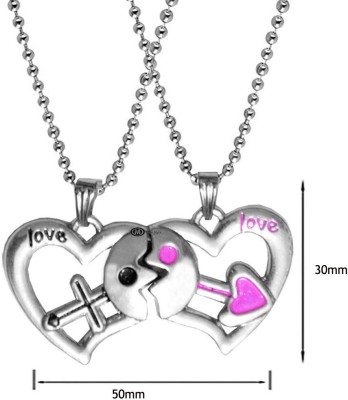 M Men Style Valentine Gift I Love you Couple Heart Couple Engraved Dual Locket Rhodium Zinc, Metal Pendant Set