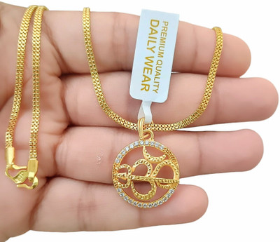 SAPNAPALACE Om round trishul dimonds pendant with gold chain Gold-plated Brass Pendant