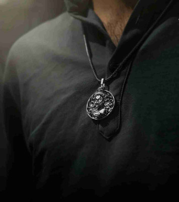 SELENITE Hanuman Ji Pendant Oxidised Silver Chain Black Silver, Silver Alloy, Stainless Steel Pendant