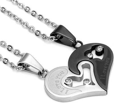 Astrootalk Couple Special Silver plated Heart Pendant with Chain Rhodium Stainless Steel Silver Alloy Pendant Set