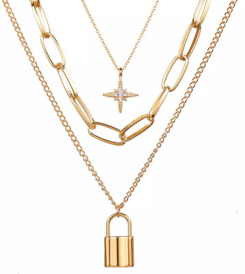 Vembley Three Layered Lock Chain Star Necklace For Girls And Women Gold-plated Alloy Pendant