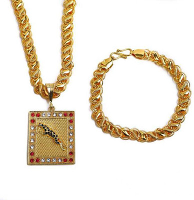 Aviate Alloy Gold Plated Golden chain with Pendant & BRACELET For Men and Boys Jaguar Gold-plated Diamond Alloy Pendant Set