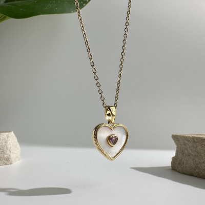 alinora jewels White Mother of Pearl Double Heart Pendant – 18K Gold Plated Gold-plated Stainless Steel Pendant