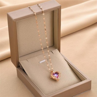 Temora Temora Purple zircon crystal ocean heart pendant with chain rose gold necklace Copper Zircon, Alexandrite, Diamond Stainless Steel Pendant Set