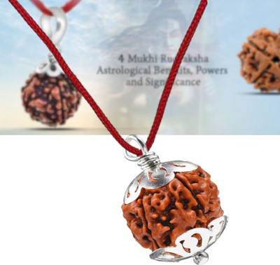Fine Creation 4 Mukhi Rudraksha Four Faced Charr Nepali Rudraksh Bead Original & Certified Silver Wood Pendant