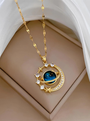 Karishma Kreations Exquisite StarrySky Planet Zircon Shiny Star Moon Gold-plated Stainless Steel Pendant