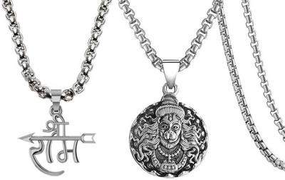 EndlessFashion CMB8118 Bajrangbali Hanuman Ji & Jai Shri Ram /Teer Locket Pendant Necklace Silver Stainless Steel Pendant Set