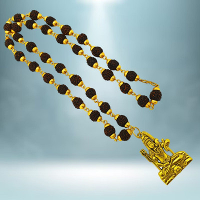 Fine Creation Lord Shiva Trishul Damru Locket with Rudraksha Mala for Men & Boys Gold-plated Beads Brass, Wood Locket Set