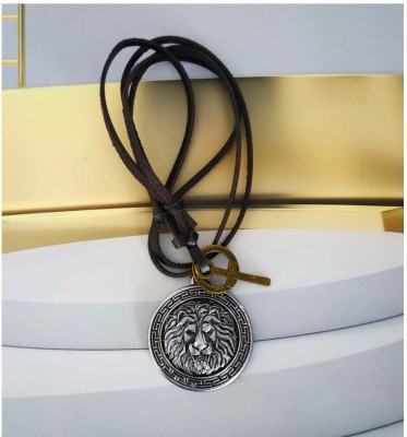 M Men Style Animal King Lion Head Zinc Metal Pendant Necklace Rhodium Metal, Leather Pendant