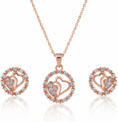 forevershine Premium AD Stone Rose Gold Plated Double Heart Pendant and Stud Earrings Set Alloy Pendant Set