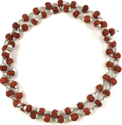 GEET CREATION Omniira Silver Cap Rudraksha Mala | Natural Brown Rudraksha Beads Wood, Brass