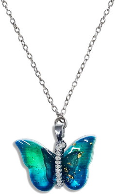 Utkatsh Blue AD Nug Colorful Butterfly Wing Locket Pendant Necklace With Clavicle Chain Stainless Steel Pendant Set