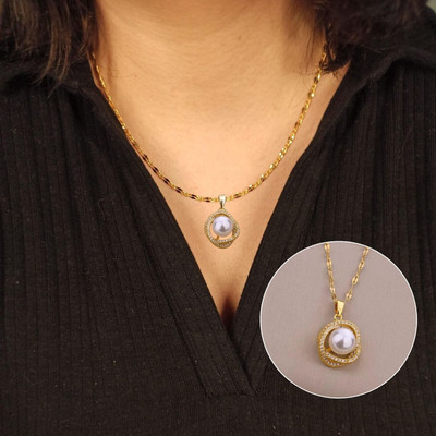AMRHA Round Spiral Pearl Pendant with Gold-plated Cubic Zirconia Stainless Steel Pendant Set
