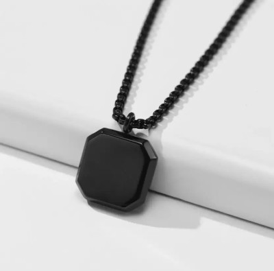 JS Enterprises Black Geometric Square Locket Pendant Box Chain for Men and Women Silver Stainless Steel Pendant