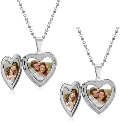 vs unique collections Set Of 2 Pcs Silver Heart Love Openable Mini Photo Momento/Memory Locket Pendant Silver Stainless Steel Pendant