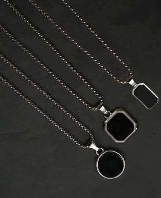 ROOTWAVE Combo of 3 Black Locket with Silver Chain For Men Boys Geometric Stainless Steel Silver Stainless Steel, Steel, Sterling Silver Locket