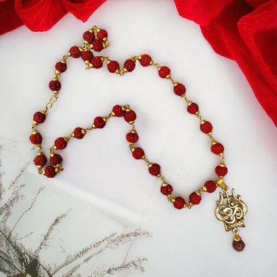 Divine rudras OM Locket with Rudraksha Mala, Trishul Damru Pendant, Spiritual Shiva Mala Rhodium Beads Wood Locket