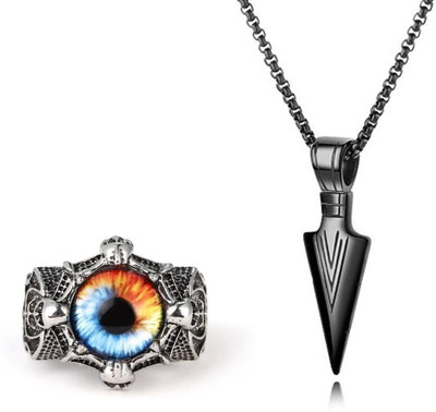 zayraa Black Arrow & Devil Eye Ring for Men and Boys Stylish Biker/Party Wear Silver Stainless Steel, Alloy, Brass, Metal Locket Set