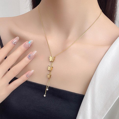 MYKI long Butterfly Layered Necklace For Women & Girls Gold-plated Cubic Zirconia Stainless Steel Pendant