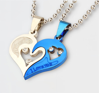 RAPPERSSHOP His and Hers Lover Couple Love Heart 2 Piece Joining Pendants Chain Pair Silver Zircon Stainless Steel Pendant Set