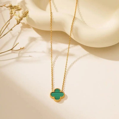 STYLE KRAFT Green Clover Gold Necklace for Women's Beach party wear Precious gift for her Gold-plated Pearl, Zircon Alloy, Copper Pendant Set