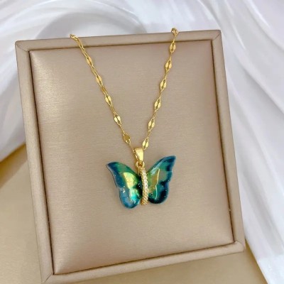 MEENAZ Butterfly pendant for women girls anti tarnish necklace chain locket korean Gold-plated Cubic Zirconia, Crystal, Zircon, Diamond Alloy, Metal, Stainless Steel, Brass, Stone Pendant