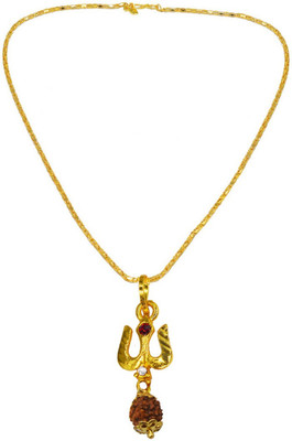 Shiv Jagdamba Religious Jewelry Rudraksh Shiv Shankar Trishul Locket With Chain Gold-plated Cubic Zirconia Brass, Wood Pendant Set