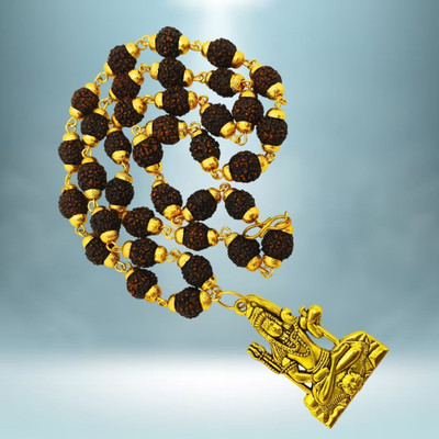 FLY PL STORE Bhagwan Mahadev Locket Pendant With 5 Mukhi Rudraksha Mala, Boy's,Girls,Women's Gold-plated Beads Brass, Wood Locket Set