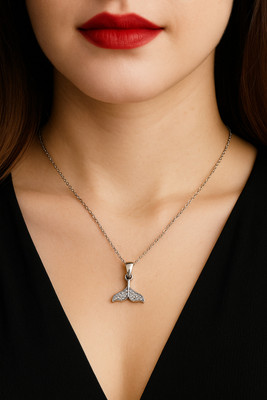 thejewels Elegant Silver Whale Tail Pendant Necklace with Sparkling Stones Stainless Steel Pendant