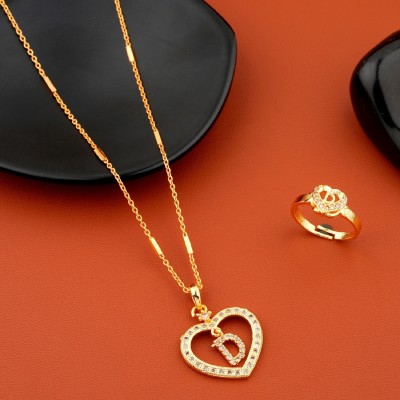 Jewel WORLD D name letter Diamond Pendant locket chain with letter ring for girls & women Gold-plated Beads Alloy Pendant