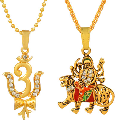 RN Gold Plated CZ Multi Lord Sherawali Durga Shiv Om Trishul Combo Pendant Men Gold-plated Cubic Zirconia Brass Pendant
