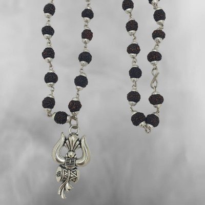 Nirvana Mukhi Most Demanded Shiv Trishul OM Dotted Locket Pendant With 5 Mukhi Rudraksha Mala Silver Beads Brass, Wood Pendant Set