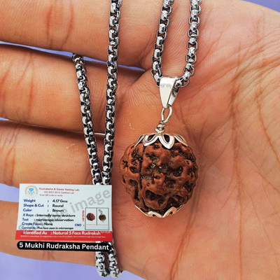 Khushal ENTERPRISE Certified 5 Mukhi Nepali Rudraksha Pendant for Unisex (22mm, Brown) Silver Beads Brass, Wood Pendant Set