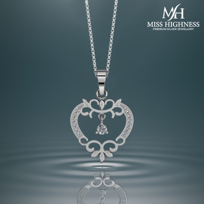 Miss Highness Pure 925 Silver Pretty Heart Pendant with Silver link chain for women's Rhodium Cubic Zirconia Sterling Silver Pendant